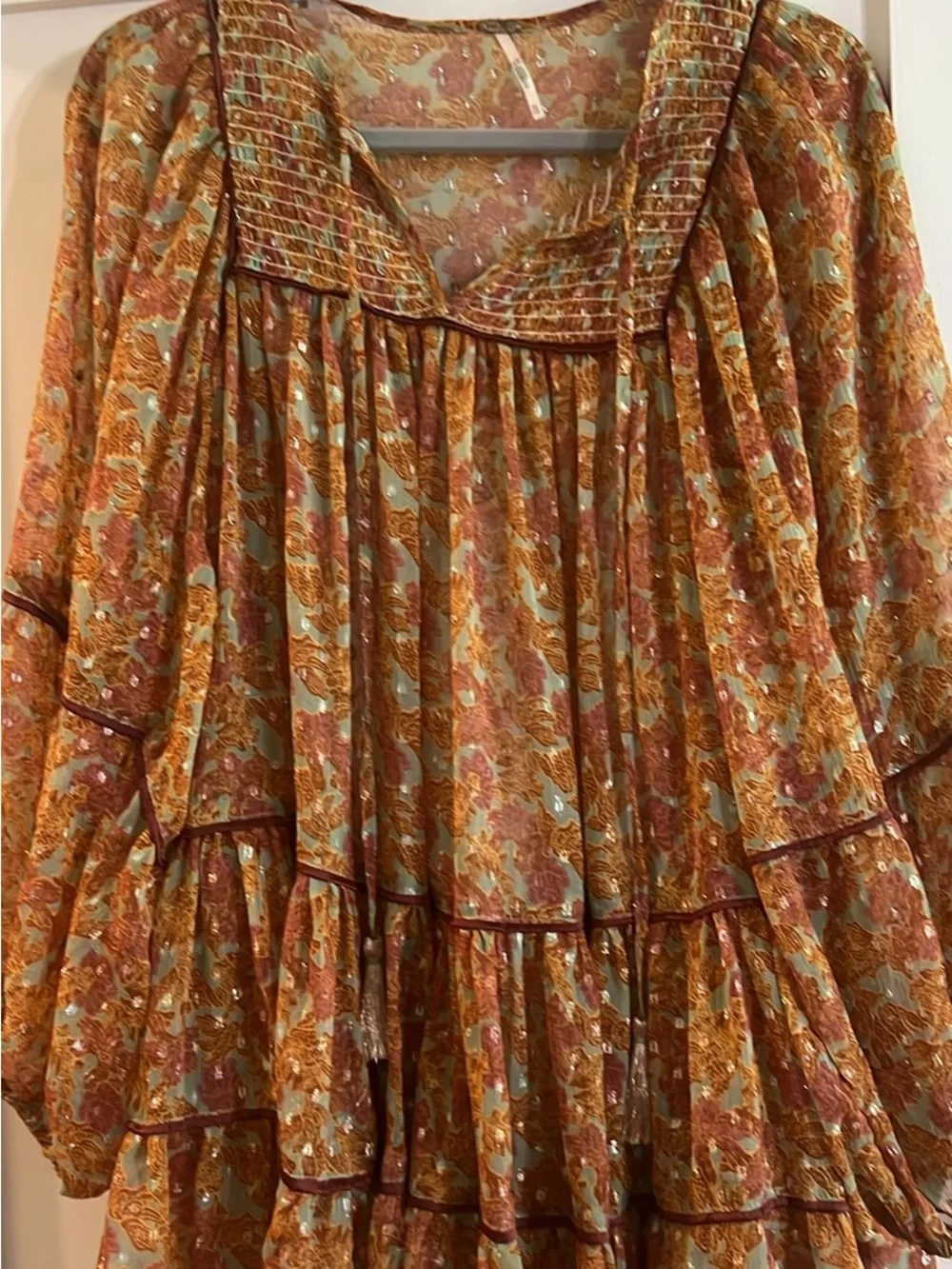 Free People Floral Ruffle Tiered Mini Dress in Rust Multi